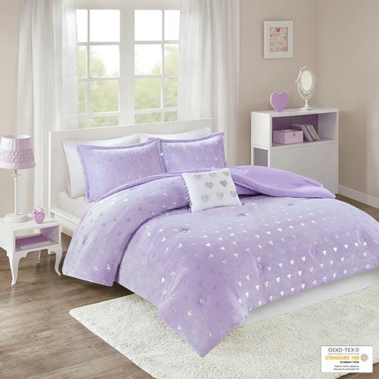 Metallic Printed Plush Comforter Set Purple/Silver Twin XL Olliix.com