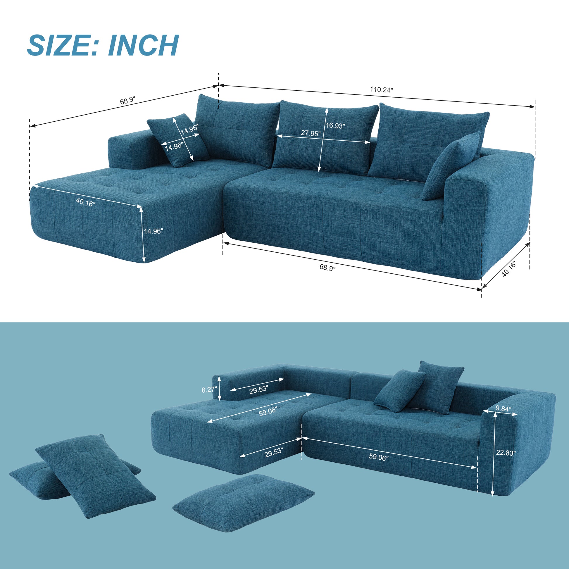 110x69" Modular Sectional Living Room Sofa Set, Modern Minimalist Style Couch, Installation-free sofa, Upholstered Sleeper Sofa for Living Room, Bedroom, Salon, 2 PC Free Combination, L-Shape, Linen House to Home Furnishings LLC