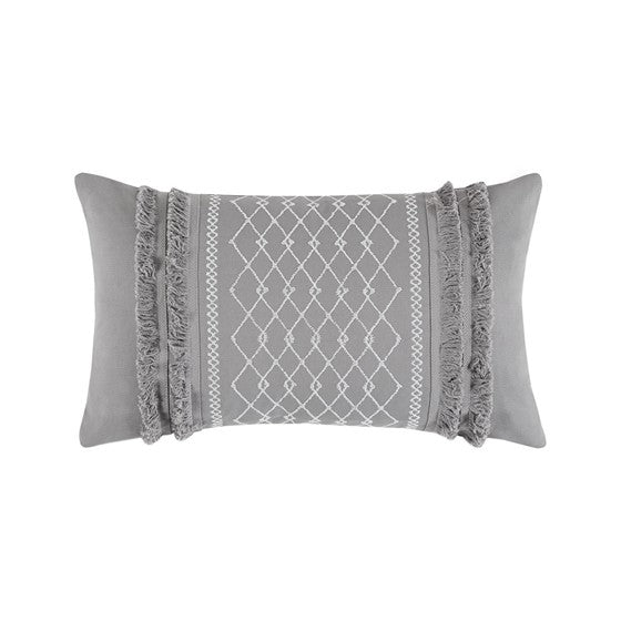 Embroidered Cotton Oblong Pillow with Tassels Grey Olliix.com