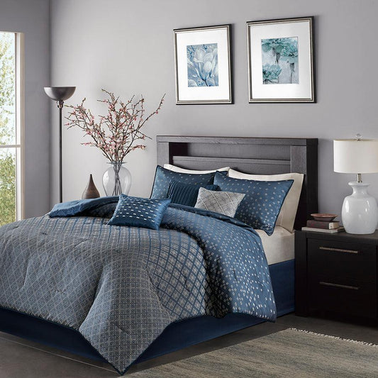 Biloxi Global Inspired 7 Piece Comforter Set Navy Cal King Olliix.com