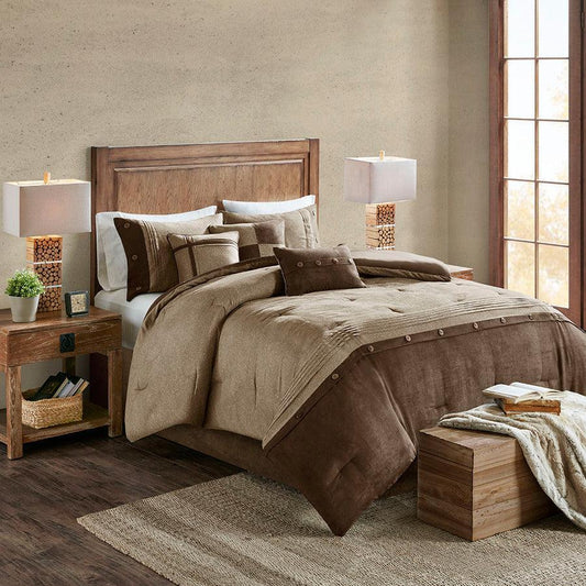 Boone Casual 7 Piece Faux Suede Comforter Set Brown Queen Olliix.com