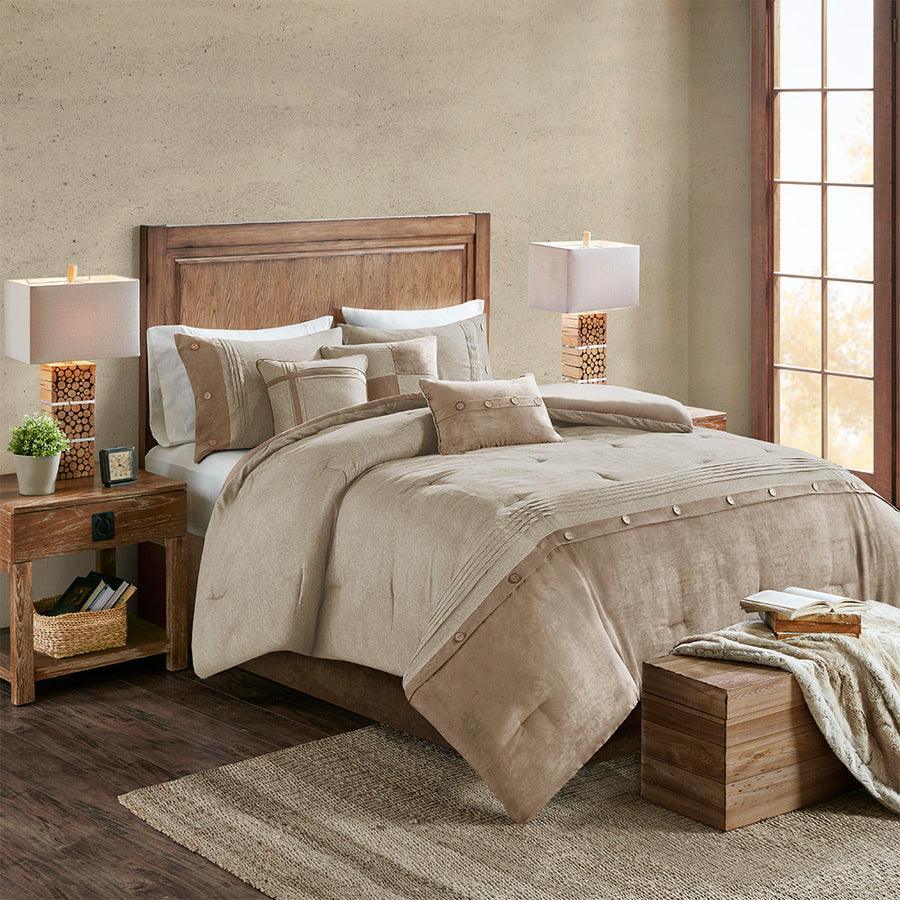 Boone Casual 7 Piece Faux Suede Comforter Set Tan Queen Olliix.com