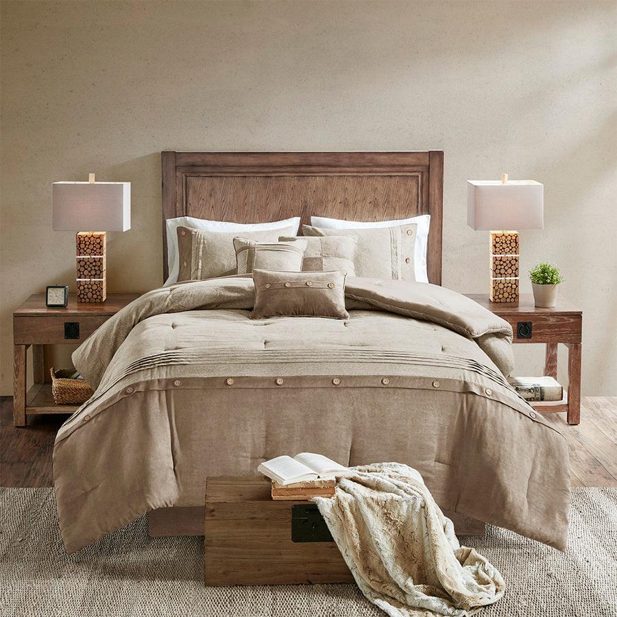 Boone Casual 7 Piece Faux Suede Comforter Set Tan Queen Olliix.com