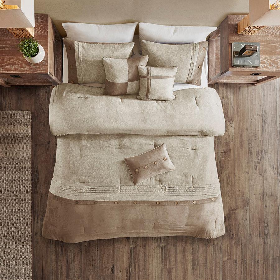 Boone Casual 7 Piece Faux Suede Comforter Set Tan Queen Olliix.com