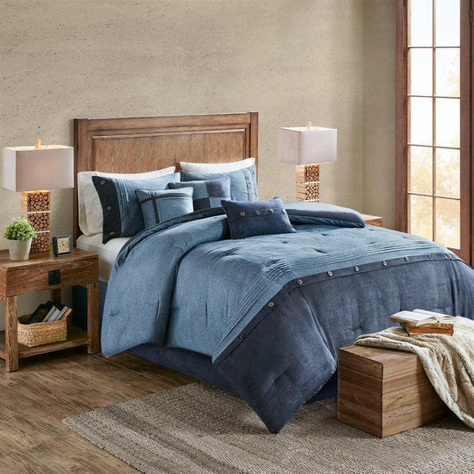 Boone King 7 Piece Faux Suede Comforter Set Dark Navy Olliix.com