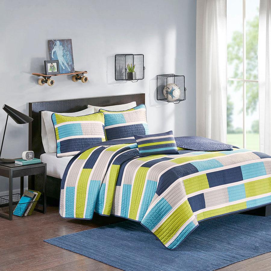 Bradley Twin/Twin XL Reversible Coverlet Set Blue & Lime Green Olliix.com