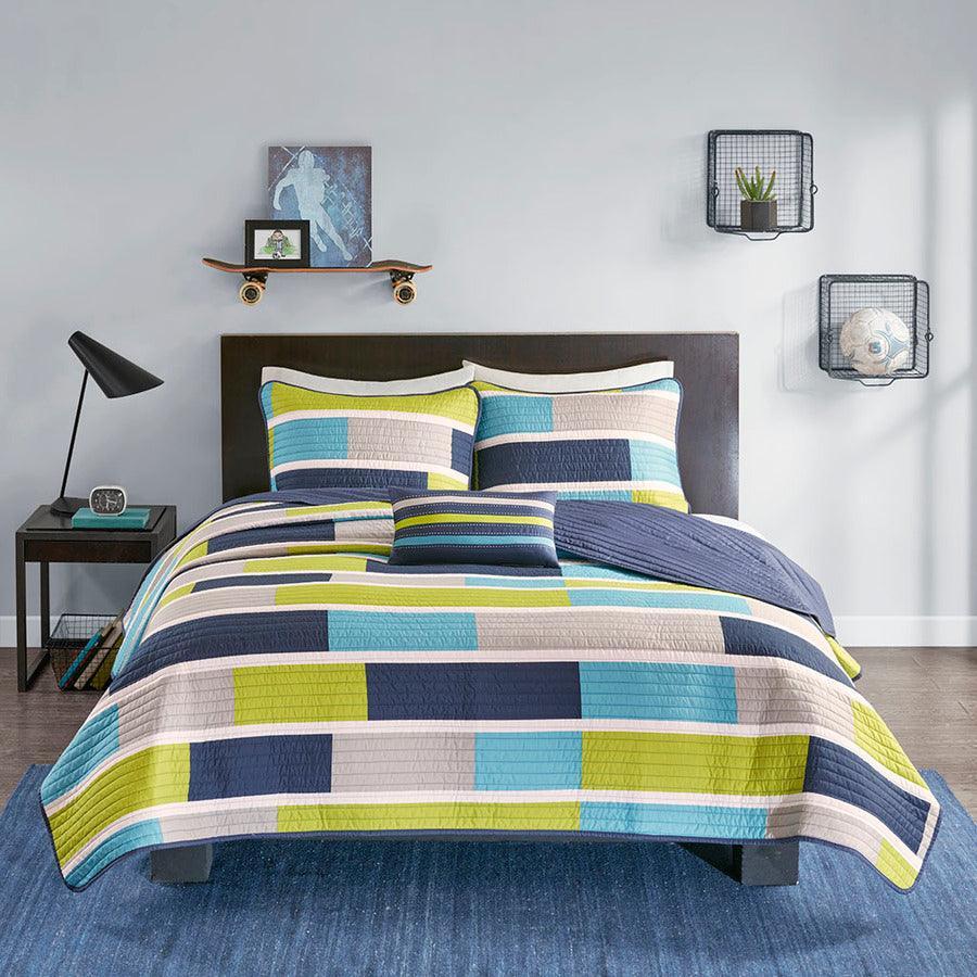 Bradley Twin/Twin XL Reversible Coverlet Set Blue & Lime Green Olliix.com