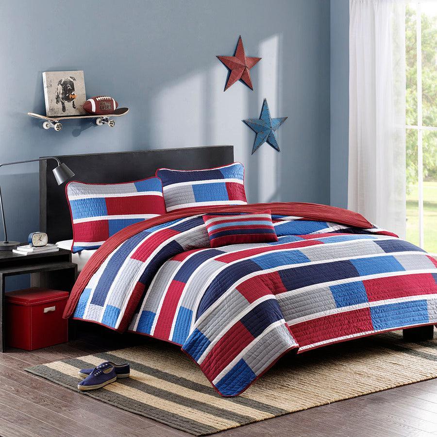 Bradley Twin/Twin XL Reversible Coverlet Set Navy & Red Olliix.com