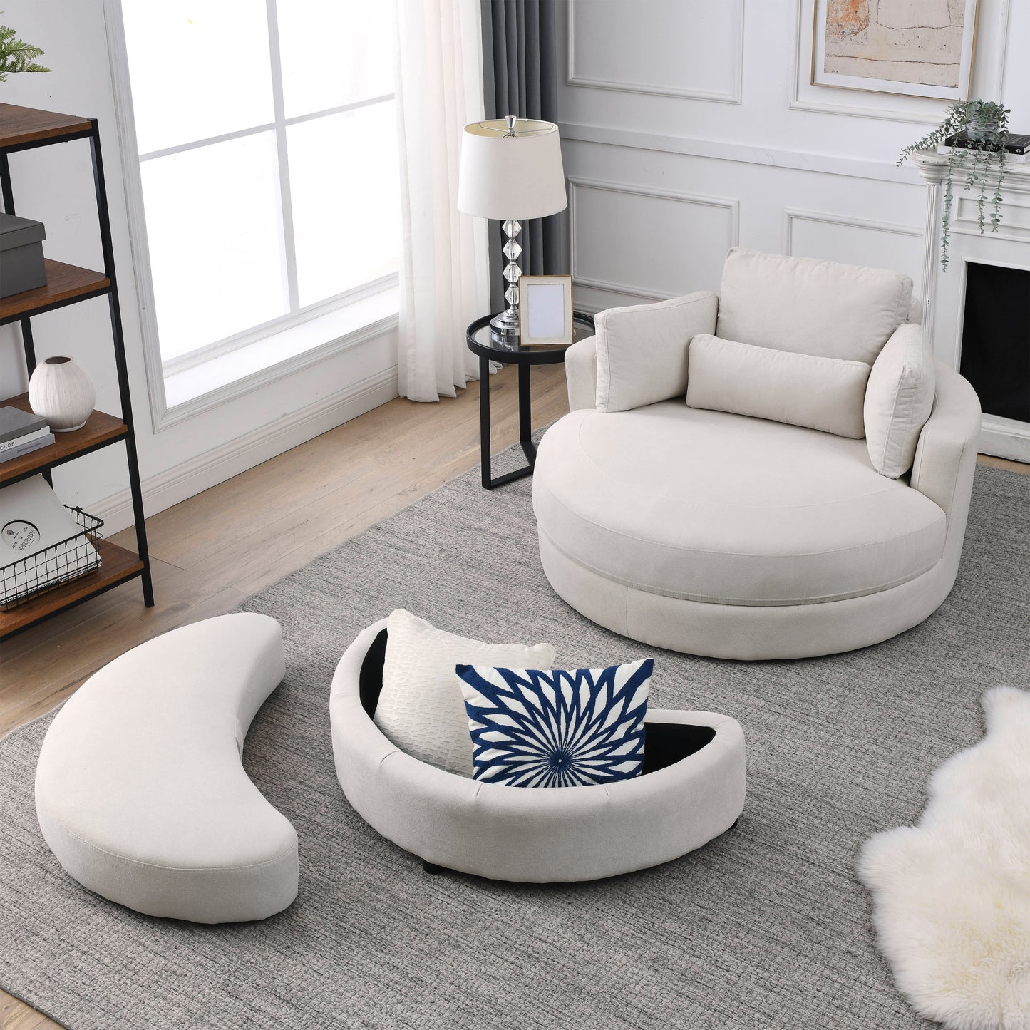 [Video] Welike Swivel Accent Barrel Modern Sofa Lounge Club Big Round Chair with Storage Ottoman Linen Fabric for Living Room Hotel with Pillows House to Home Furnishings LLC