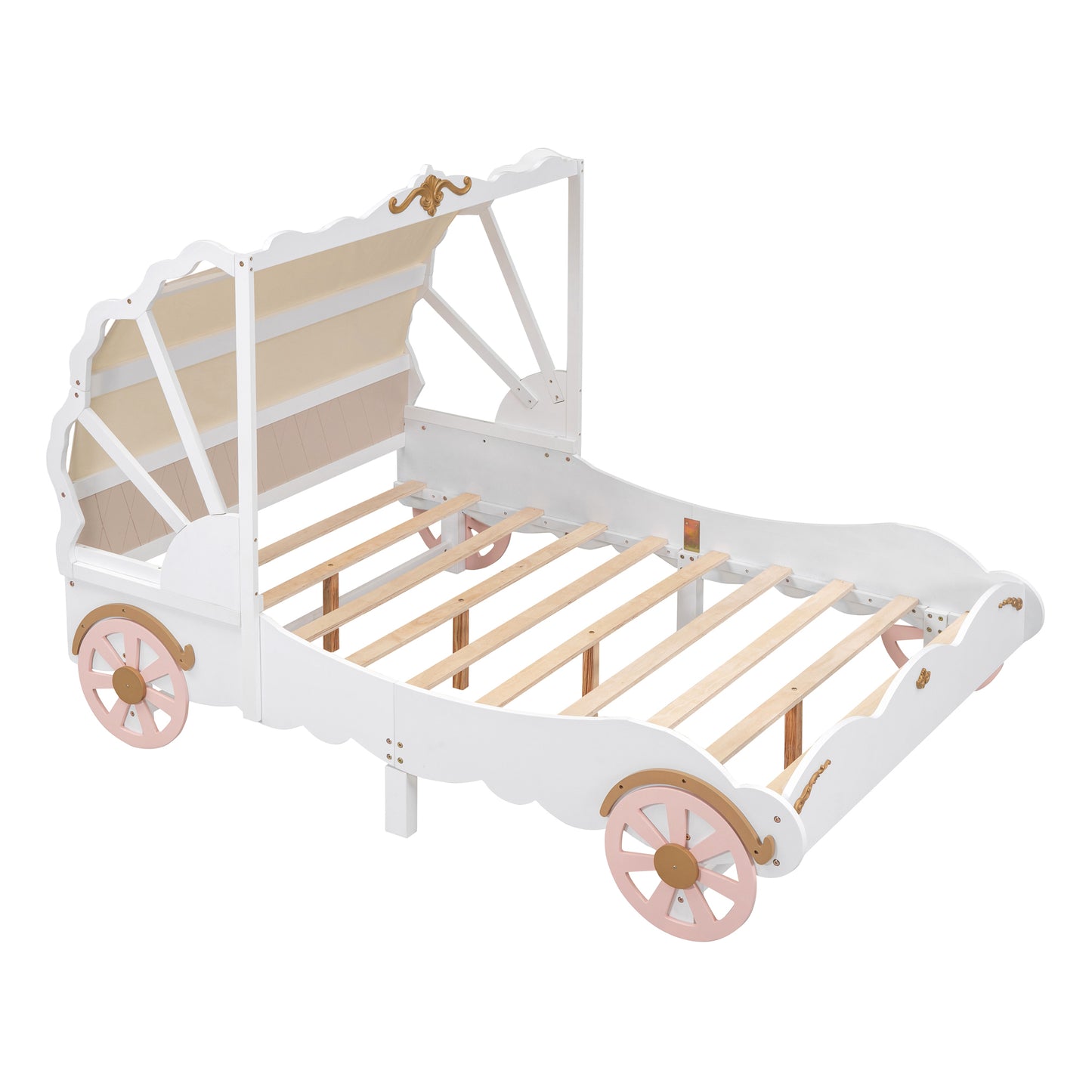 Full Size Princess Carriage Bed with Canopy, Wood Platform Car Bed with 3D Carving Pattern, White+Pink+Gold House to Home Furnishings LLC