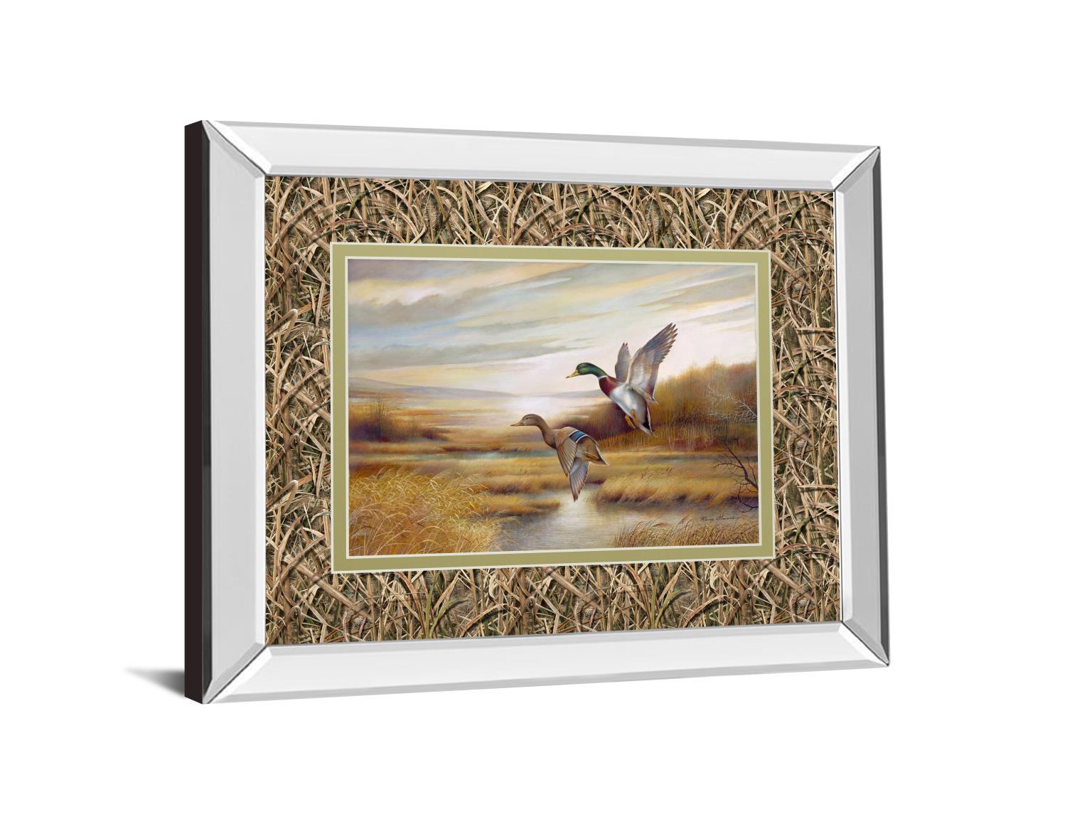 34x40 Mallards By Ruanne Manning And Mossy Oak Native Living - Mirror Framed Print Wall Art - Dark Brown Classy Art