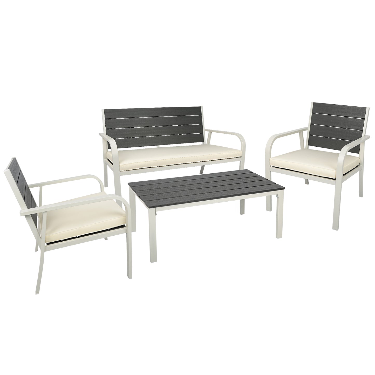 4 Pieces Patio Garden Sofa Conversation Set Wood Grain Design PE Steel Frame Loveseat All Weather Outdoor Furniture Set with Cushions Coffee Table for Backyard Balcony Lawn White House to Home Furnishings LLC