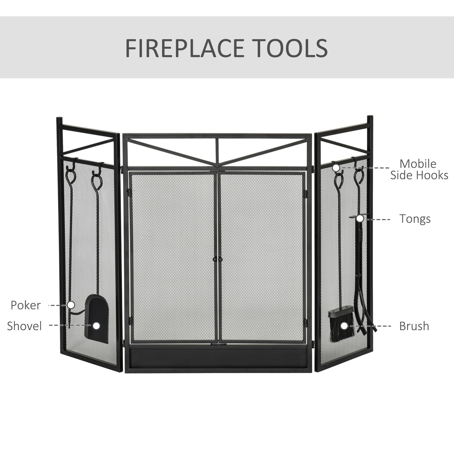 3-Panel Folding Fireplace Screen with 2 Magnetic Doors and Fire Place Tools Set, Fire Spark Guard for Wood Burning, with Brush, Shovel, Poker, Firewood Tongs, 48" x 0.75", Black House to Home Furnishings LLC