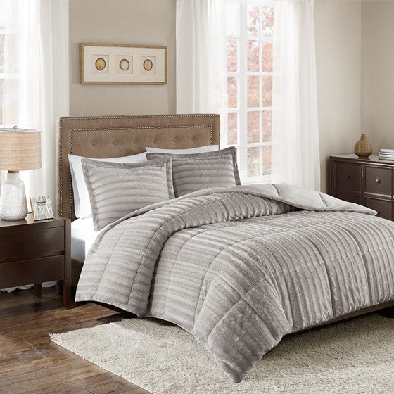 Faux Fur Comforter Mini Set Grey Cal King Olliix.com