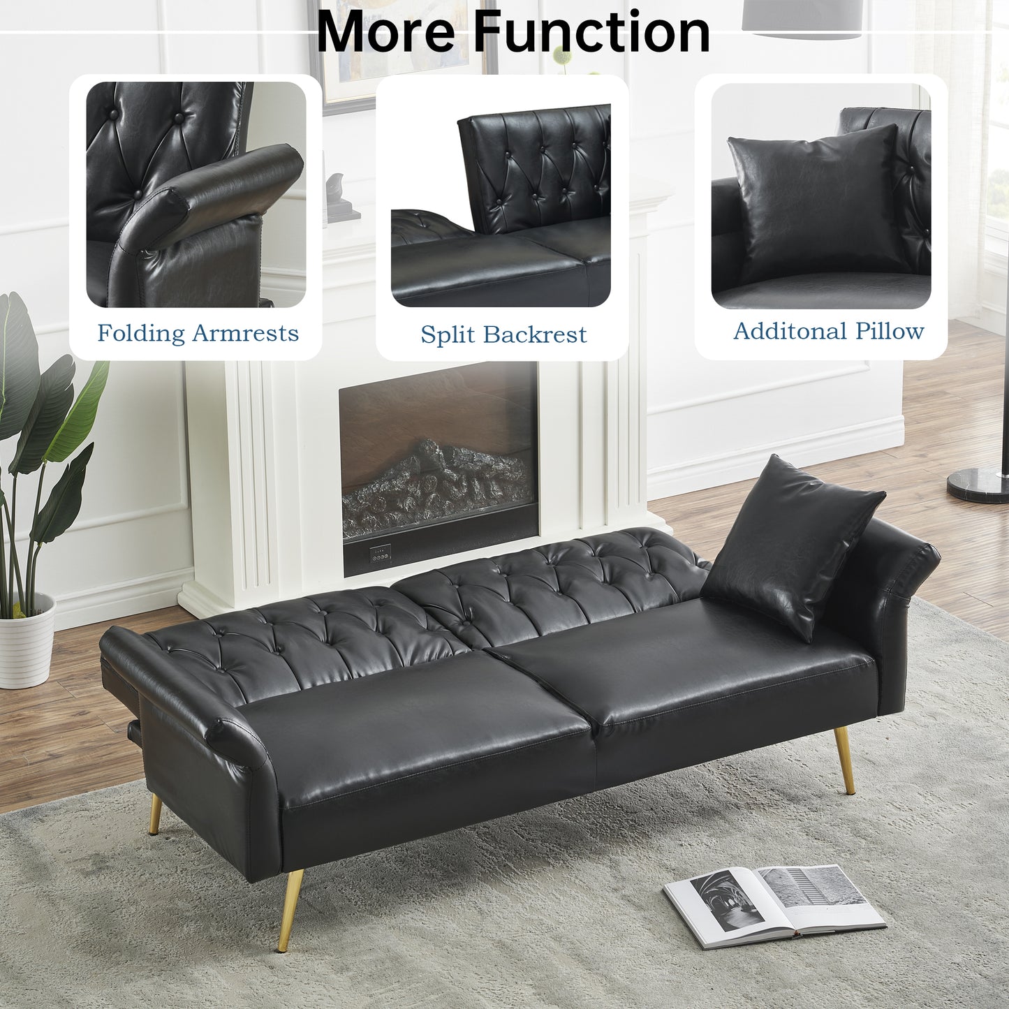 67.71 Inch Black Faux Leather sofa bed with adjustable arms House to Home Furnishings LLC