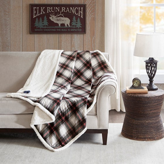 Oversized Plaid Print Faux Mink to Berber Heated Throw Black Olliix.com