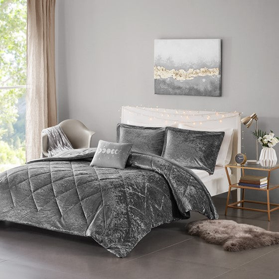 Velvet Comforter Set Grey Cal King Olliix.com