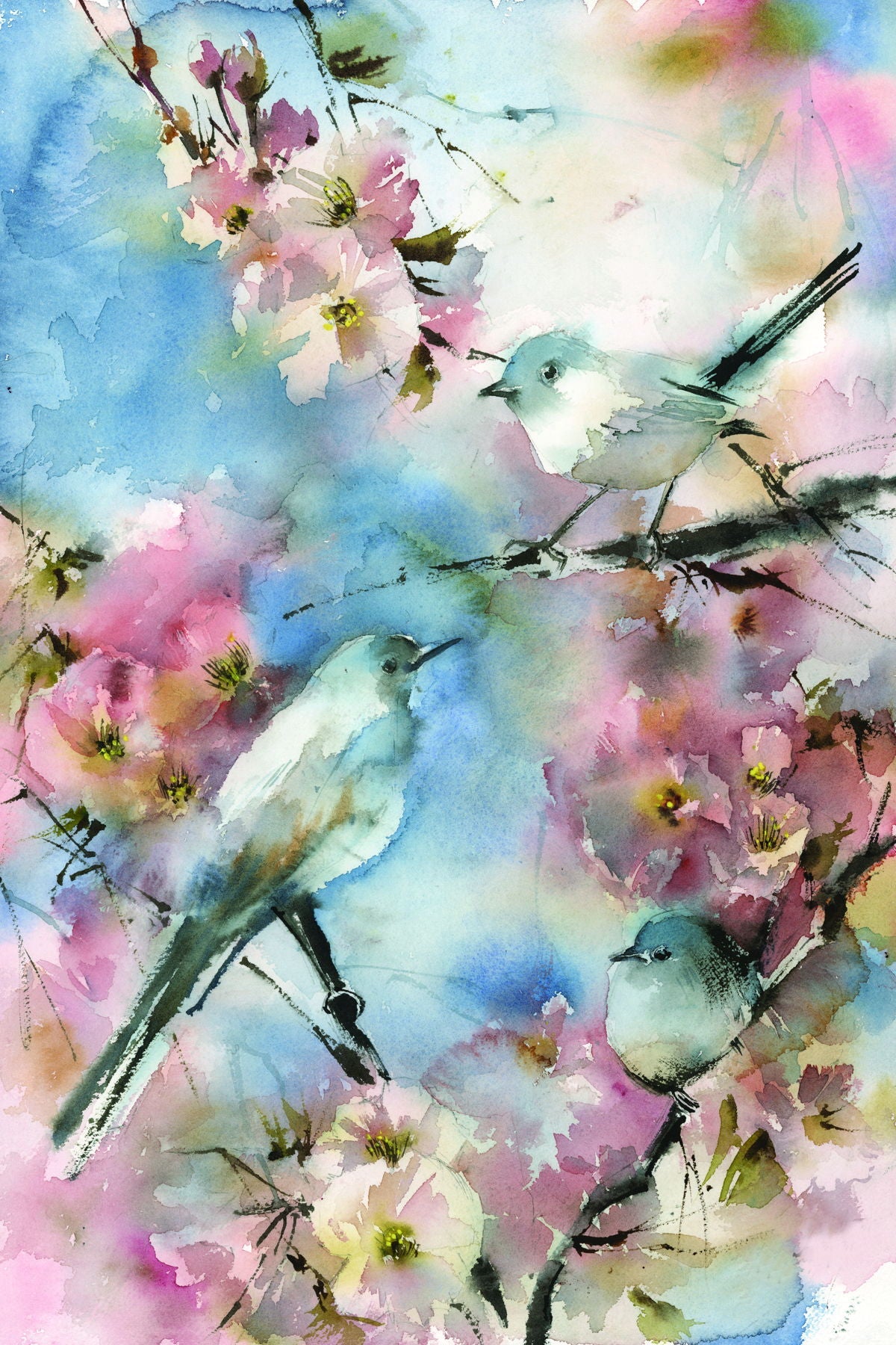 Blue Bird In Cherry Blossoms By Sophia Rodinov - Pink Classy Art