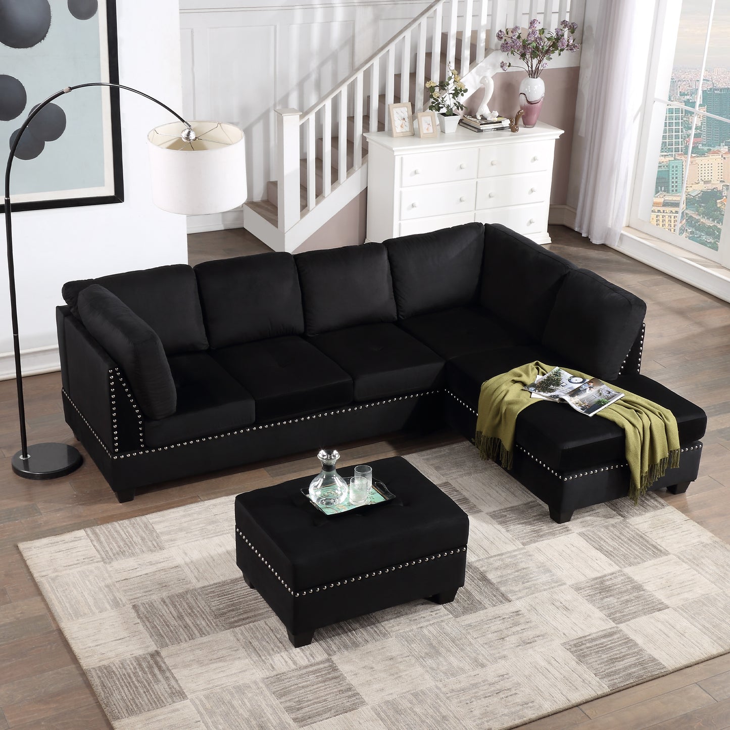 104.5" Reversible Sectional Sofa Space Saving with Storage Ottoman Rivet Ornament L-
shape Couch for Small or Large Space Dorm Apartment,Black(Old:SG000406AAA) House to Home Furnishings LLC