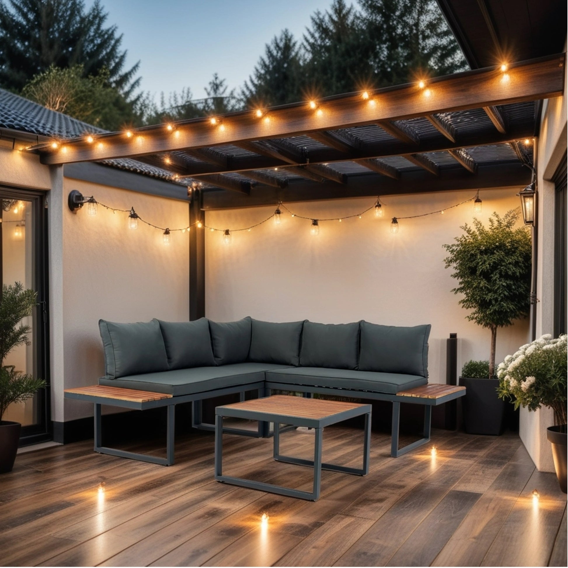 4 Piece L-Shaped Patio Wicker Outdoor 5-Seater Sectional Sofa Seating Group Conversation Sets with Side Table & Dark Grey Cushions House to Home Furnishings LLC