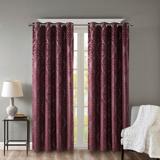 Knitted Jacquard Damask Total Blackout Grommet Top Curtain Panel Burgundy Olliix.com