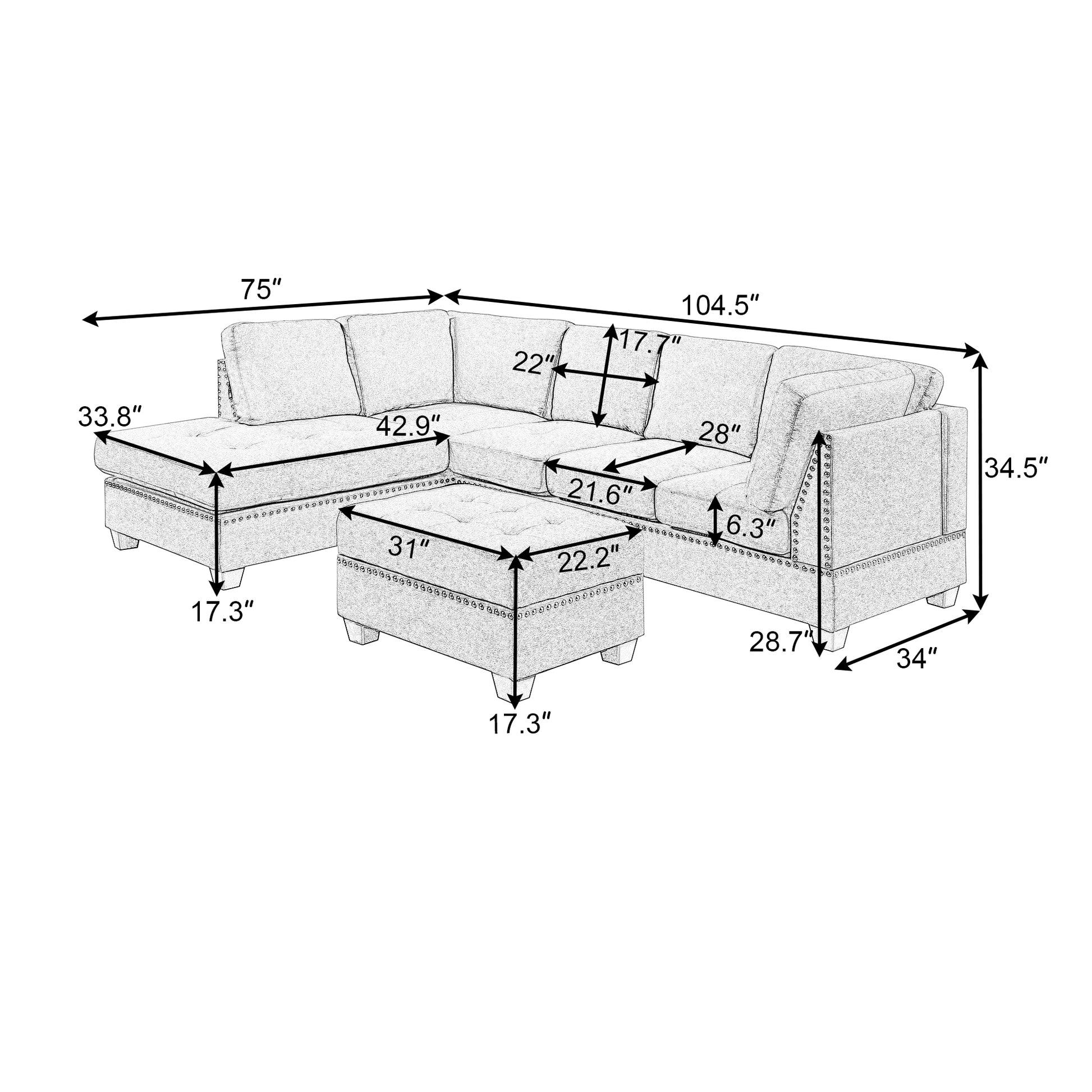 104.5" Reversible Sectional Sofa Space Saving with Storage Ottoman Rivet Ornament L-
shape Couch for Small or Large Space Dorm Apartment,Black(Old:SG000406AAA) House to Home Furnishings LLC