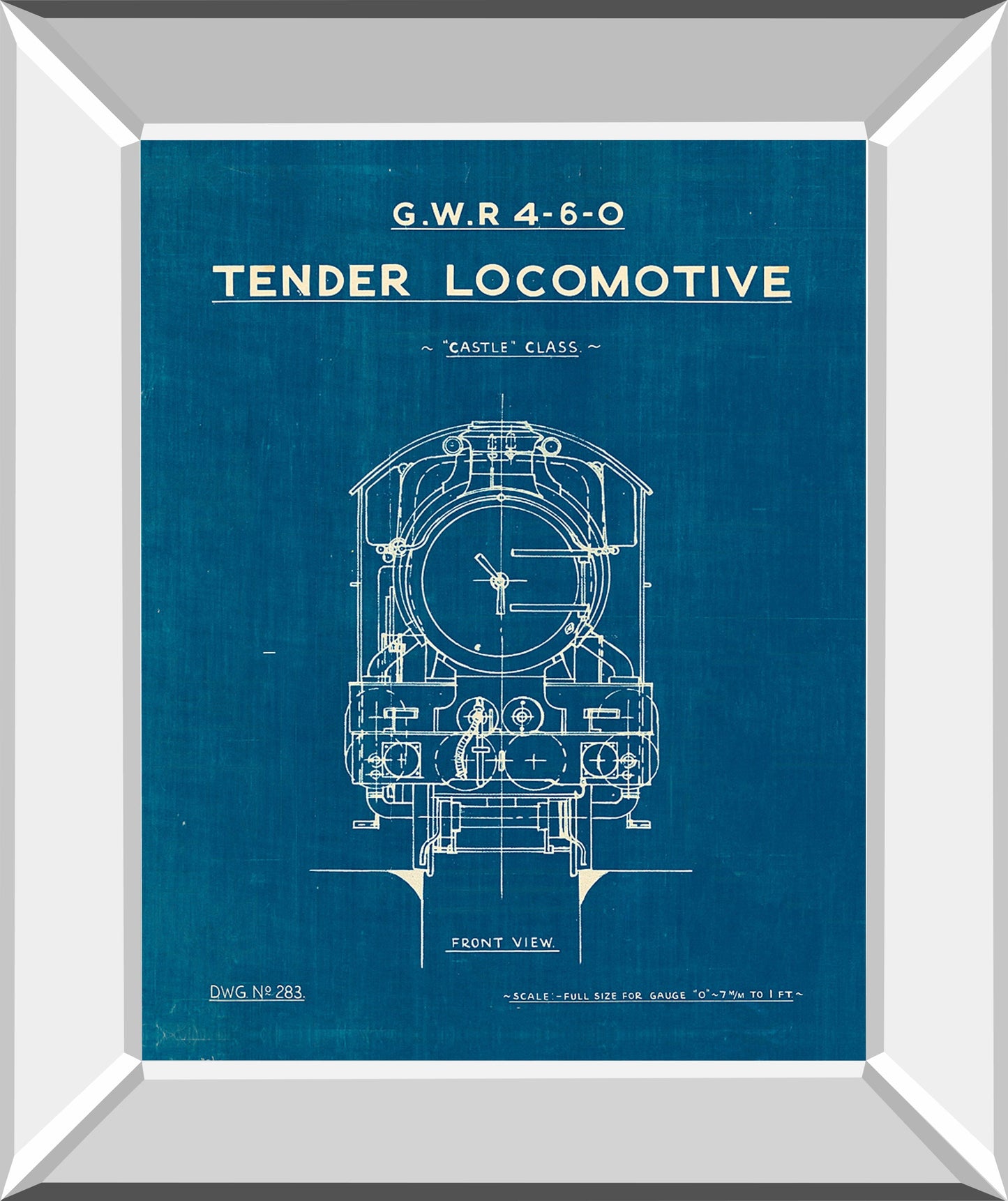 Locomotive Blueprint II By Wild Apple Portfolio - Mirror Framed Print Wall Art - Blue Classy Art