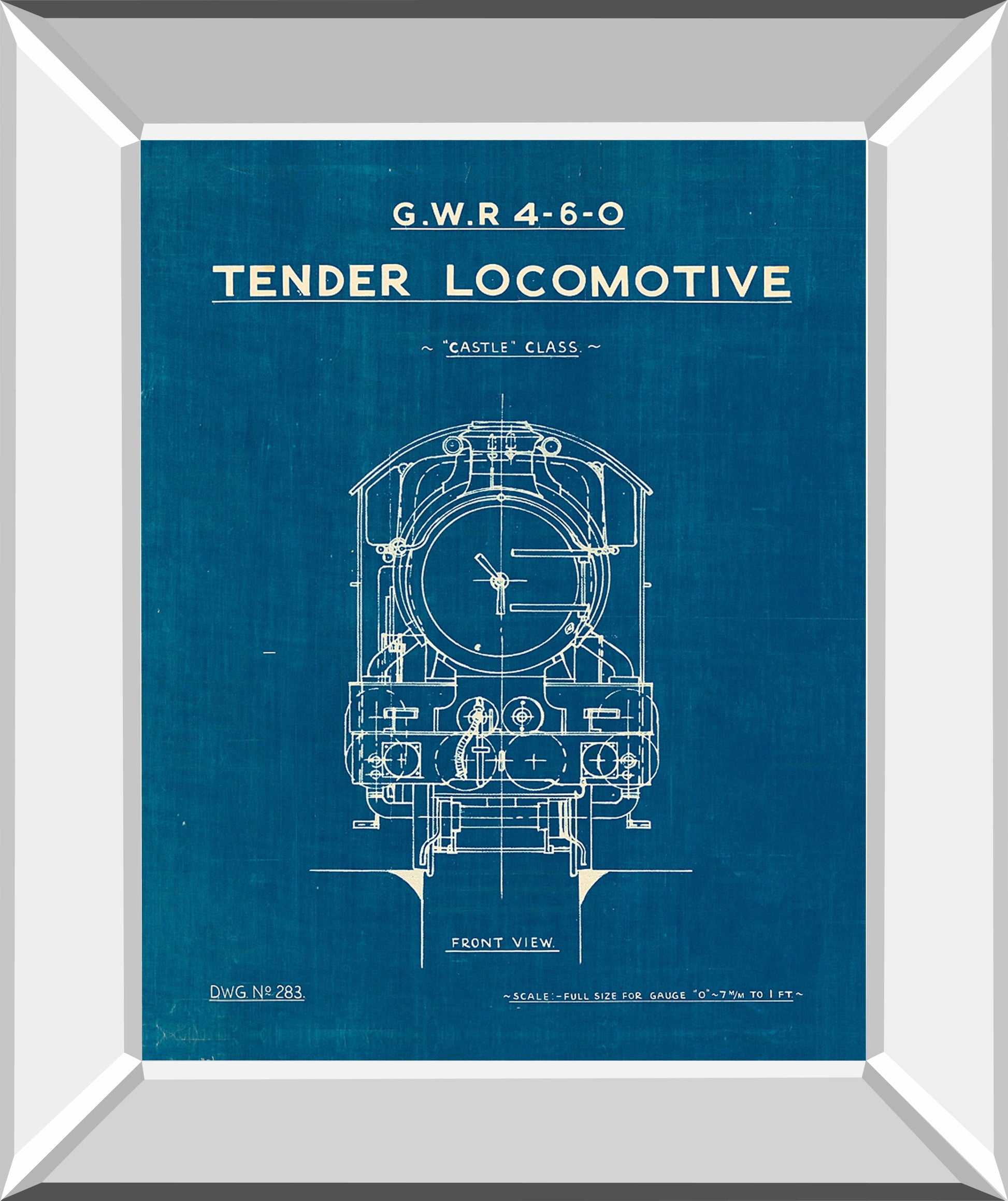 Locomotive Blueprint II By Wild Apple Portfolio - Mirror Framed Print Wall Art - Blue Classy Art