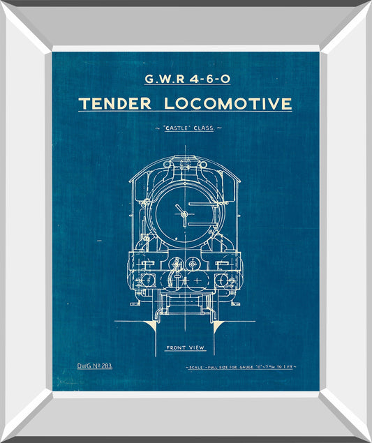 Locomotive Blueprint II By Wild Apple Portfolio - Mirror Framed Print Wall Art - Blue Classy Art