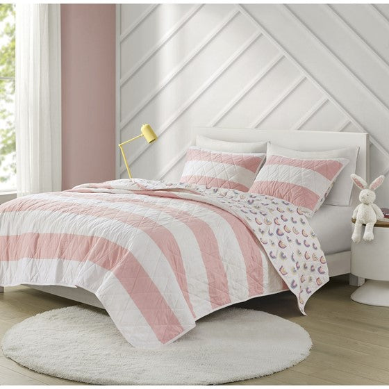 Cotton Cabana Stripe Reversible Quilt Set with Rainbow Reverse Pink Twin Olliix.com