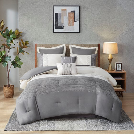 8 Piece Embroidered Comforter Set Grey King Olliix.com