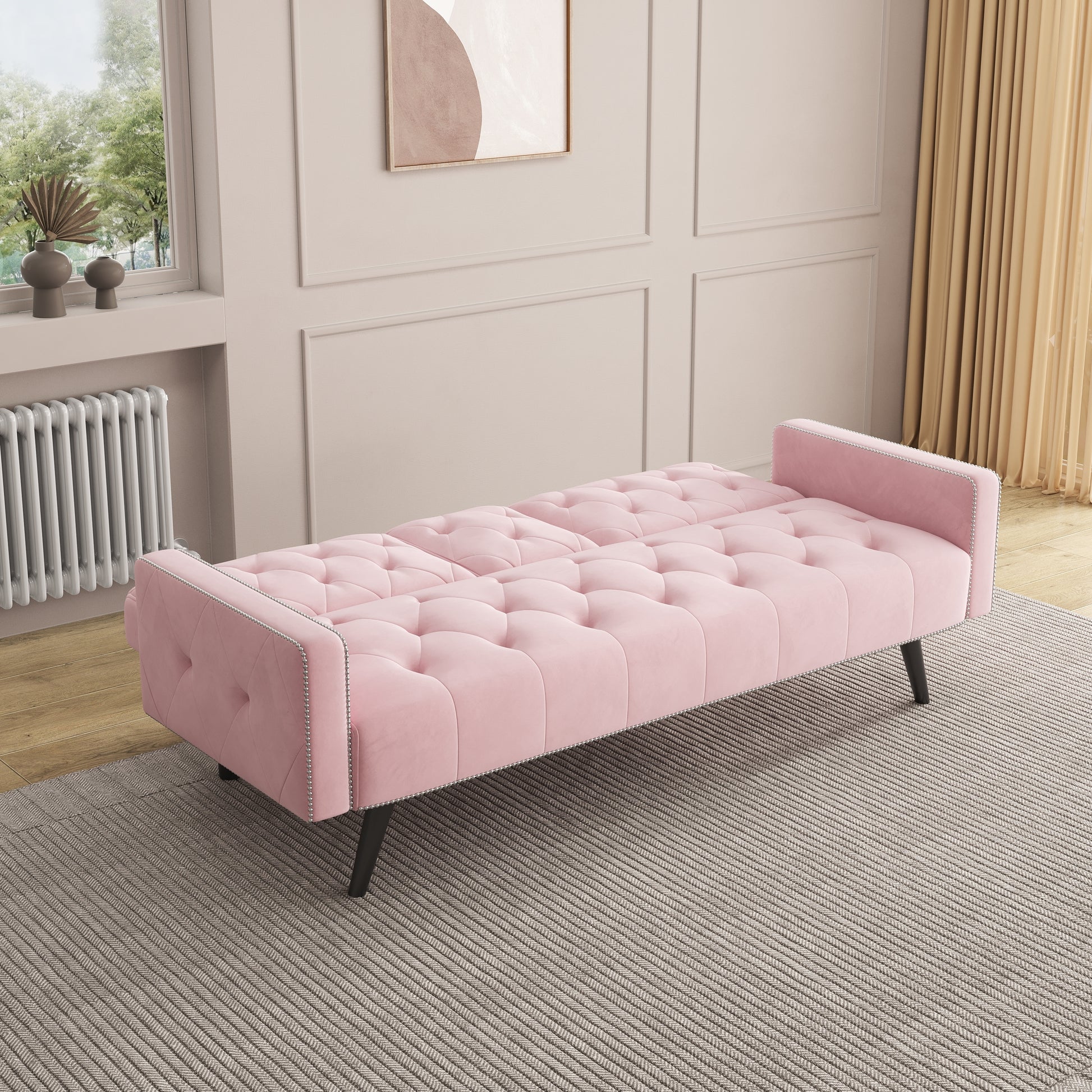 1730 Sofa Bed Armrest with Nail Head Trim with Two Cup Holders 72" Premium Pink Velvet  Sofa for Small Spaces House to Home Furnishings LLC