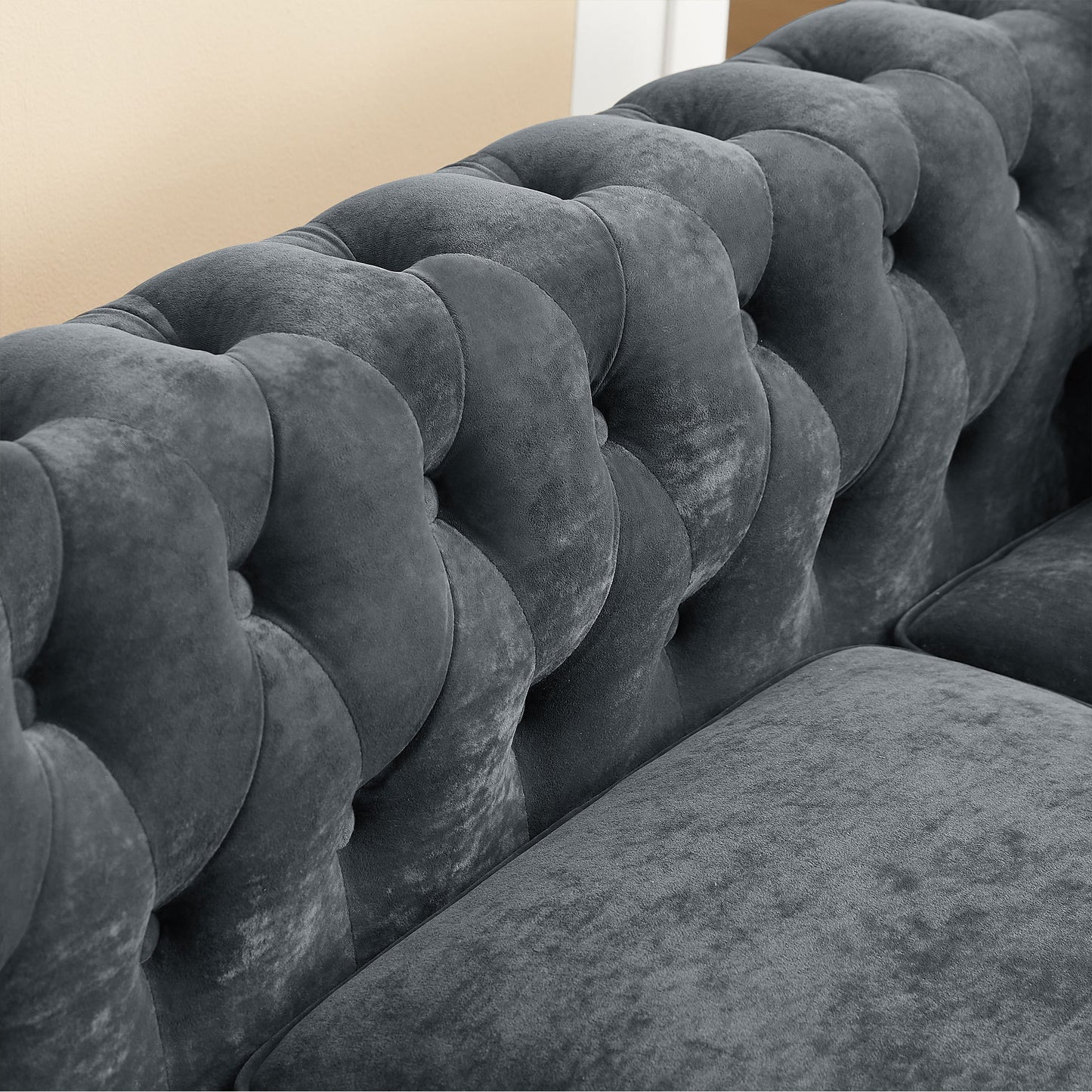 MH 80" Deep Button Tufted Upholstered Roll Arm Luxury Classic Chesterfield L-shaped Sofa 3 Pillows Included, Solid Wood Gourd Legs, Grey velvet ***(FREE SHIPPING)*** House to Home Furnishings LLC