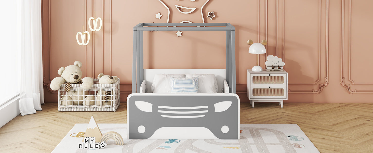 Twin Size Car-shaped Bed with Roof,Wooden Twin Floor Bed with wheels and door Design,Montessori Inspired Bedroom,Grey House to Home Furnishings LLC