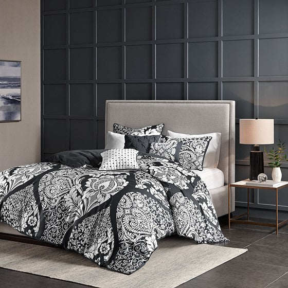 6 Piece Printed Duvet Cover Set Black Full/Queen Olliix.com