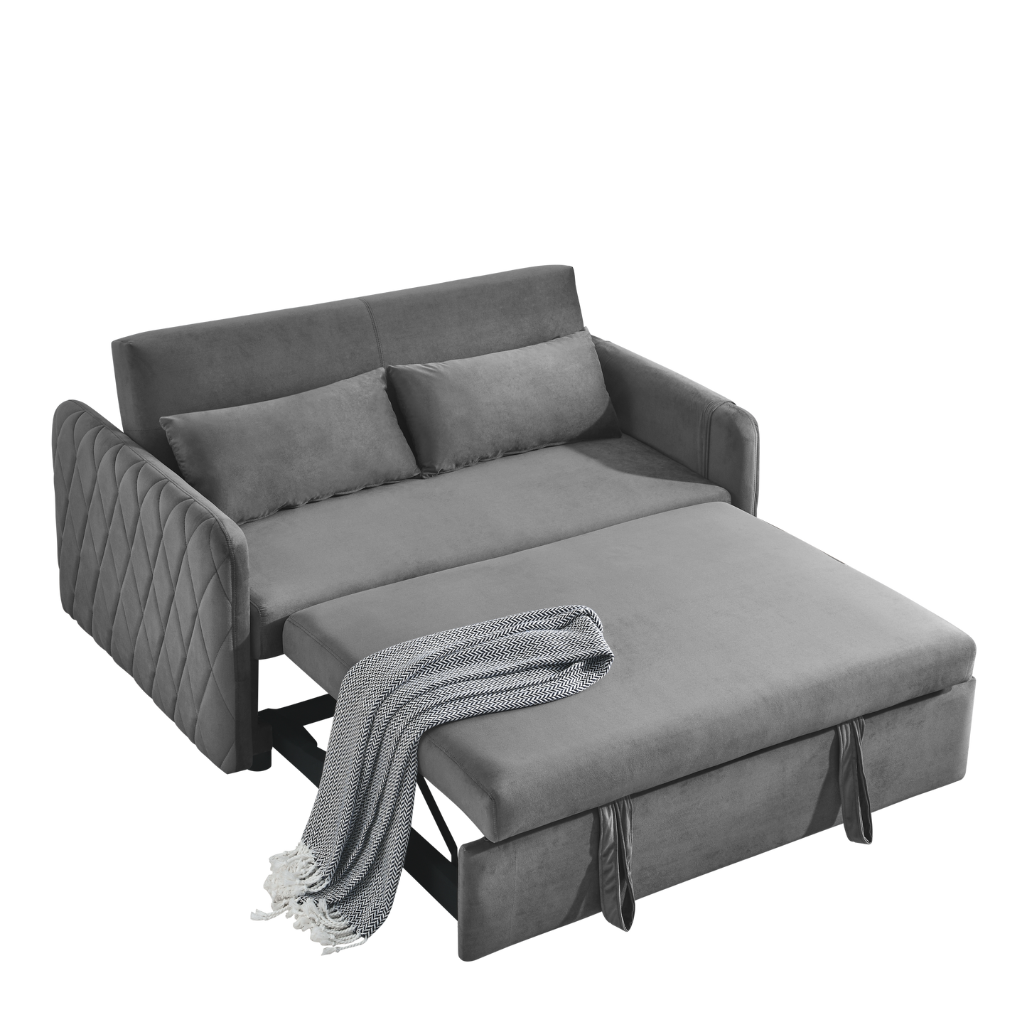 55" Modern Convertible Sofa Bed with 2 Detachable Arm Pockets, Velvet Loveseat Sofa with Pull Out Bed, 2 Pillows and Living Room Adjustable Backrest, Grid Design Armrests House to Home Furnishings LLC