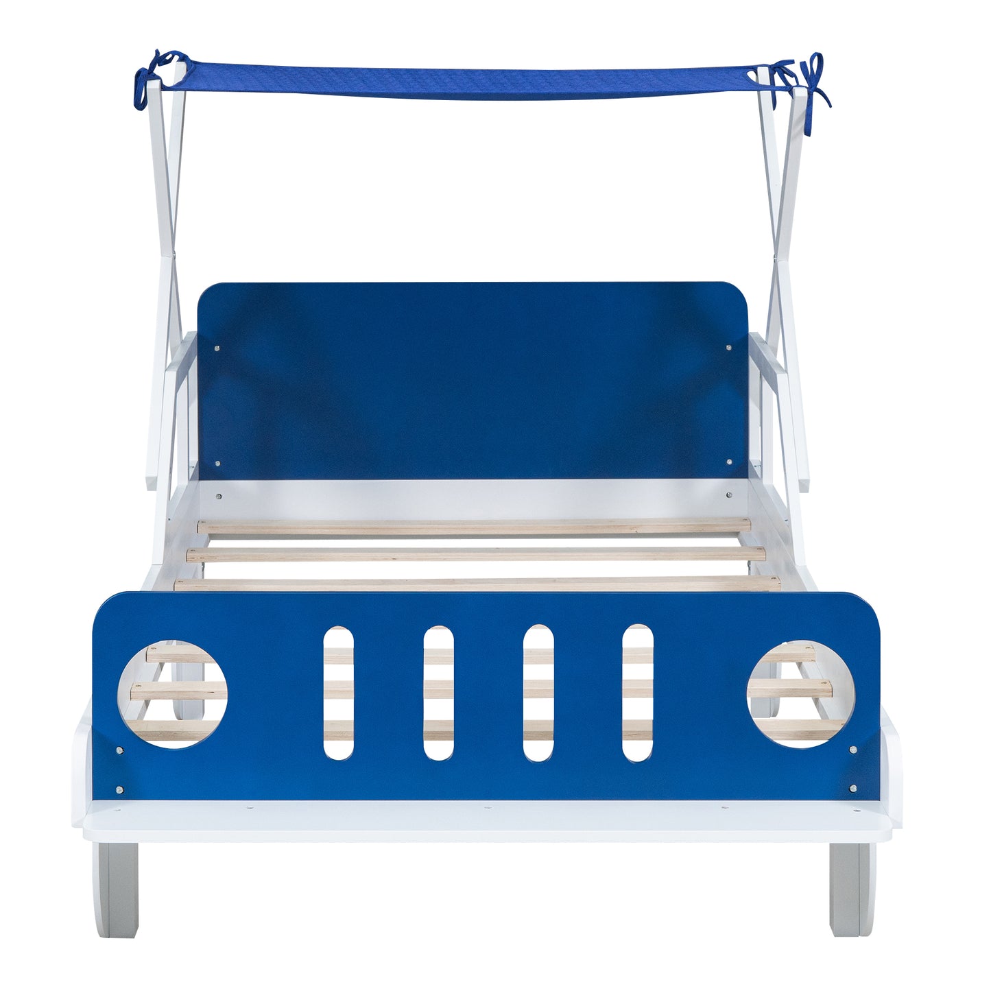 Wood Twin Size Car Bed with Ceiling Cloth, Headboard and Footboard, White+Blue House to Home Furnishings LLC