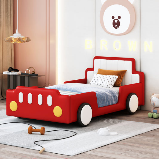 Twin Size Race Car-Shaped Platform Bed with Wheels,Red House to Home Furnishings LLC