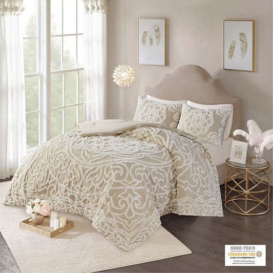 Tufted Cotton Chenille Medallion Comforter Set Taupe Cal King Olliix.com