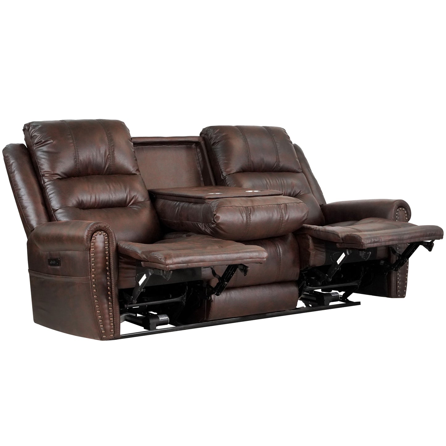 Slora Leather Gel Brown Power Reclining 81.5" Sofa With Power Headrest and Dropdown Center Table ( Sofa ) House to Home Furnishings LLC