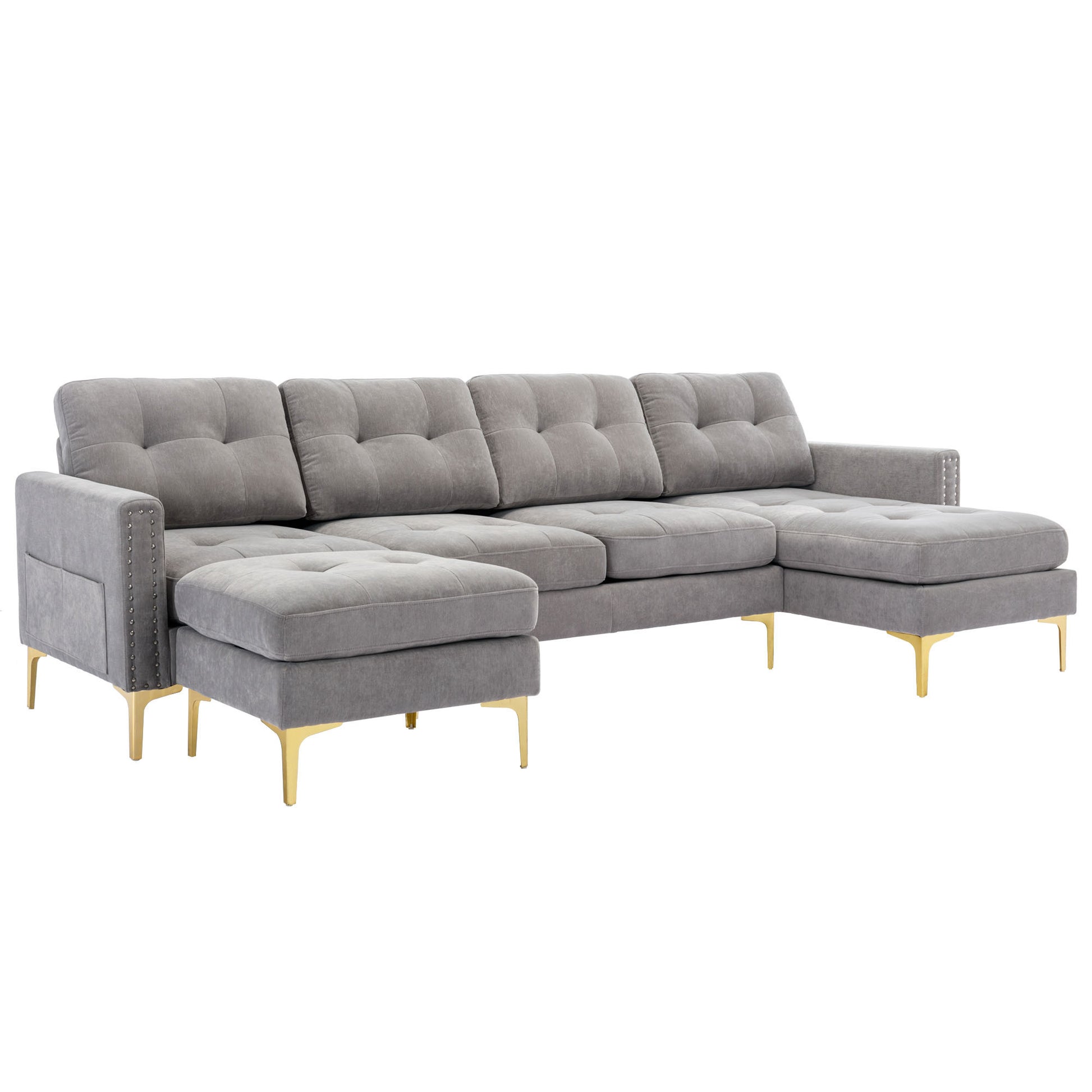 110" L-Shape Convertible Sectional Sofa Couch with Movable Ottoman for Living Room, Apartment, Office, Light Grey House to Home Furnishings LLC