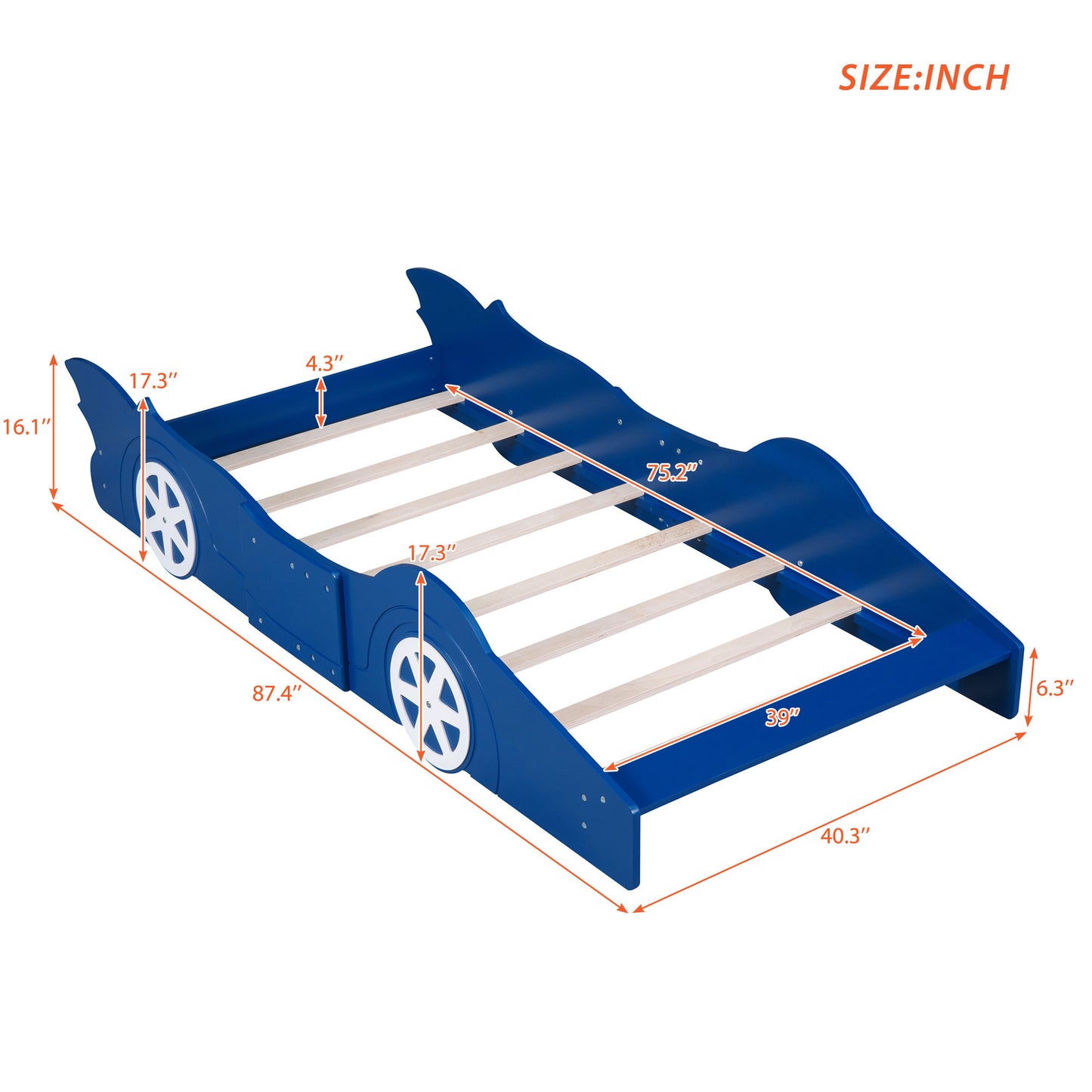 Twin Size Race Car-Shaped Platform Bed with Wheels,Blue (FREE SHIPPING) House to Home Furnishings LLC