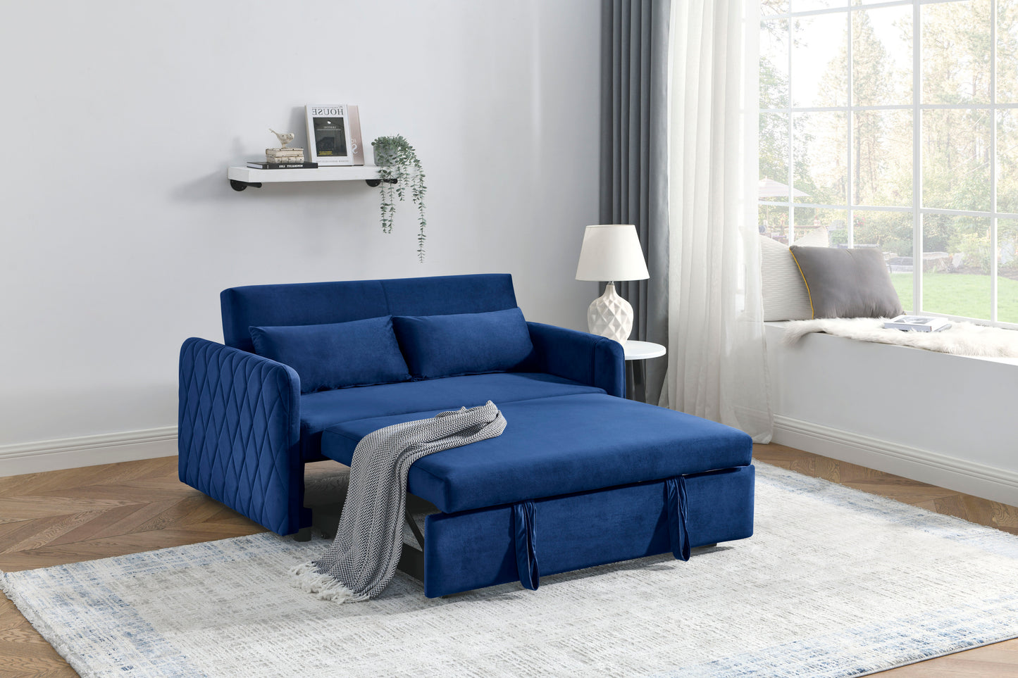 55" Modern Convertible Sofa Bed with 2 Detachable Arm Pockets, Velvet Loveseat Sofa with Pull Out Bed, 2 Pillows and Living Room Adjustable Backrest, Grid Design Armrests ***(FREE SHIPPING)*** House to Home Furnishings LLC