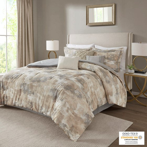 7 Piece Textured Cotton Blend Comforter Set Gray King Olliix.com