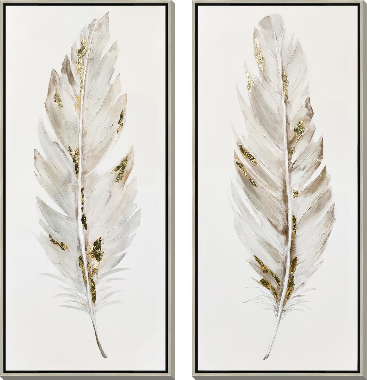 24x54 Hand Painted Textured Canvas In Frame (Set of 2) - White Classy Art