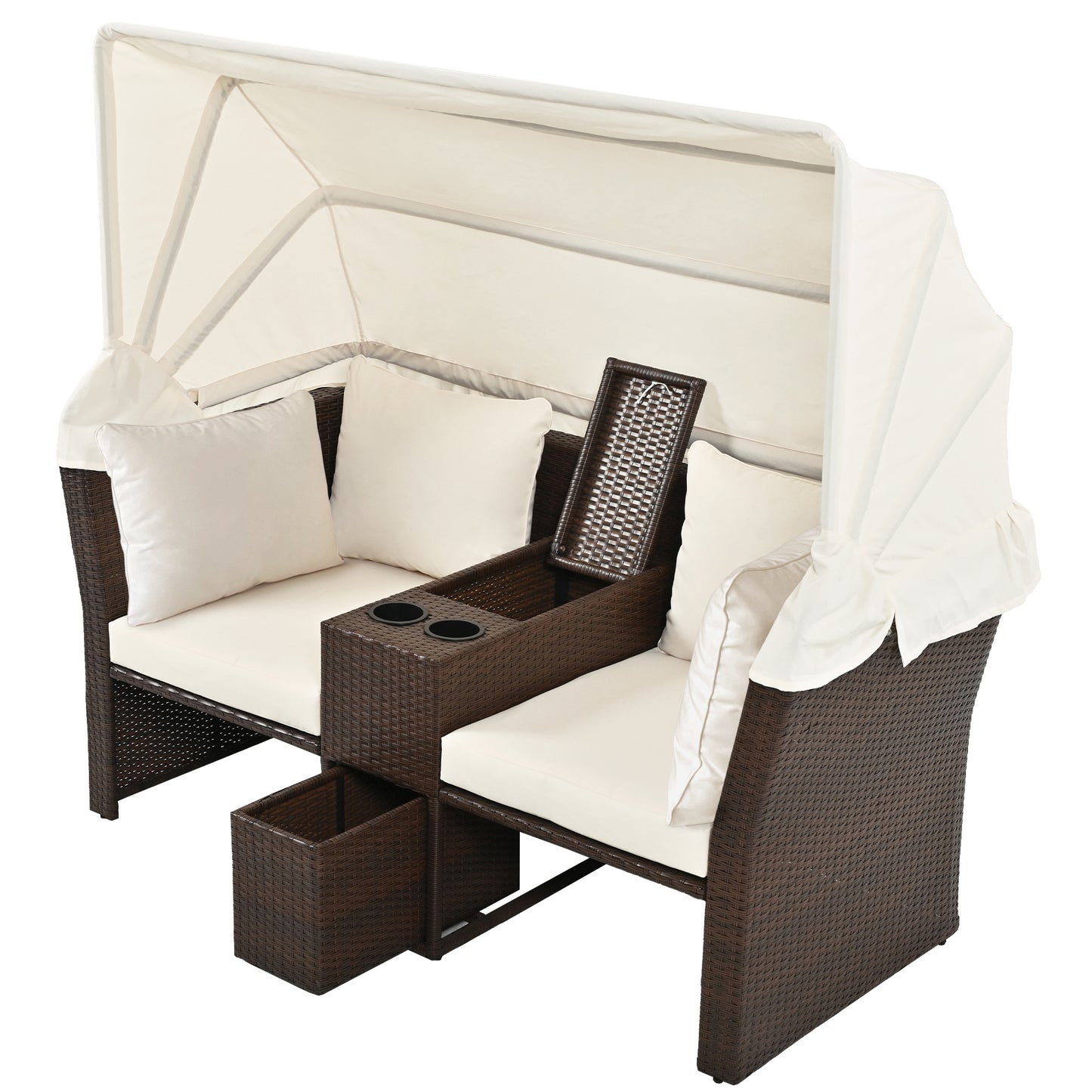 2-Seater Outdoor Patio Daybed Outdoor Double Daybed Outdoor Loveseat Sofa Set with Foldable Awning and Cushions for Garden, Balcony, Poolside, Beige ***(FREE SHIPPING)*** House to Home Furnishings LLC