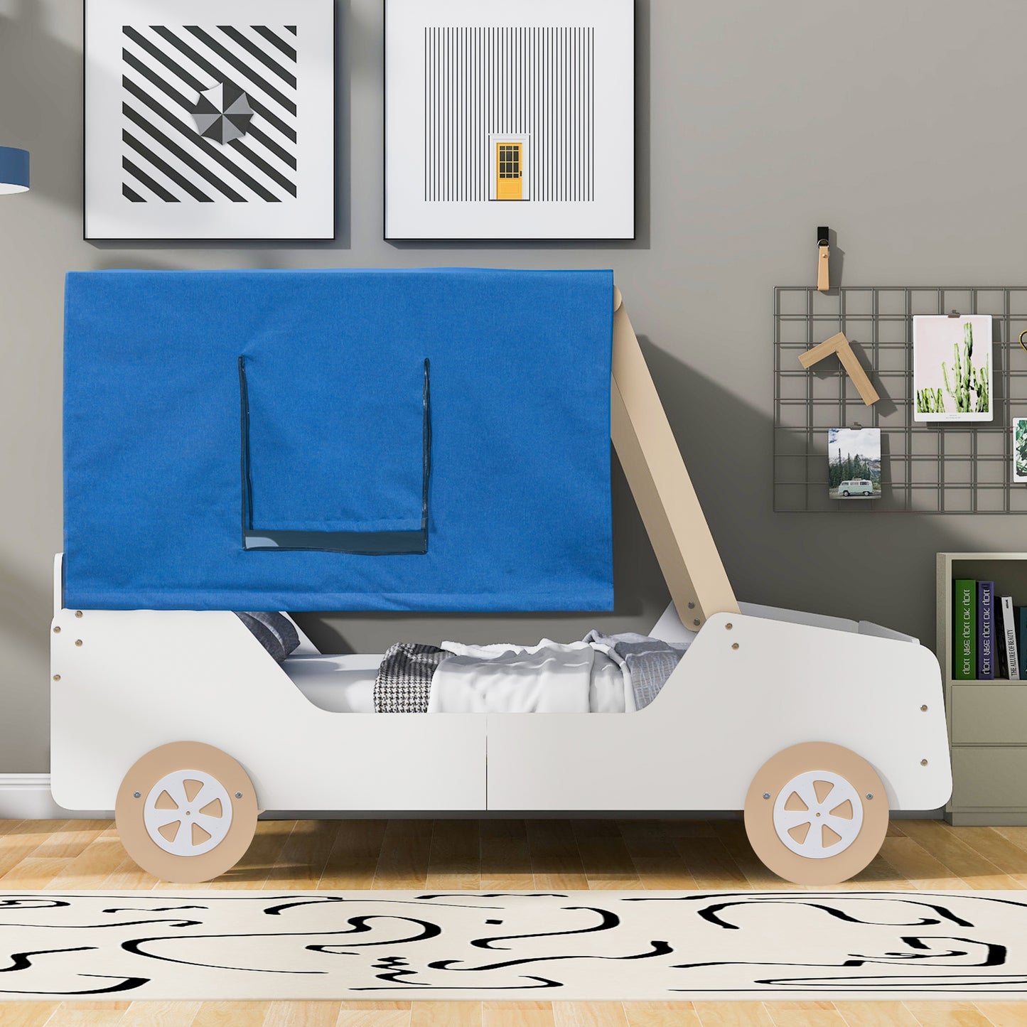 Full Size Car Shaped Bed with Tents,White+Natural House to Home Furnishings LLC