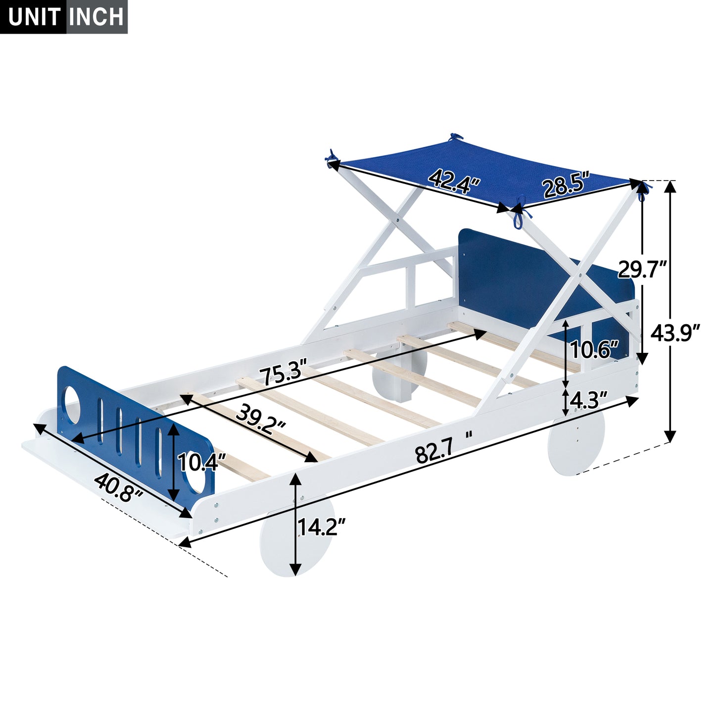 Wood Twin Size Car Bed with Ceiling Cloth, Headboard and Footboard, White+Blue House to Home Furnishings LLC