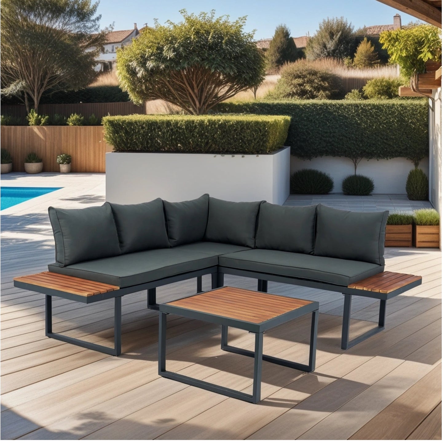 4 Piece L-Shaped Patio Wicker Outdoor 5-Seater Sectional Sofa Seating Group Conversation Sets with Side Table & Dark Grey Cushions House to Home Furnishings LLC