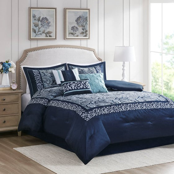 7 Piece Jacquard Comforter Set Navy Queen Olliix.com